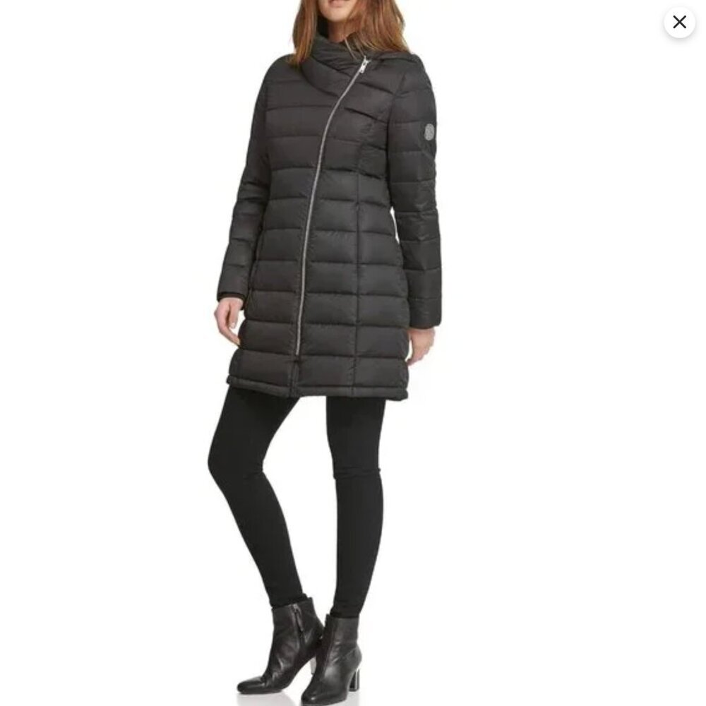 DKNY Asymmetrical Puffer Jacket Packable Winter Coat Hooded Black Pillow Collar